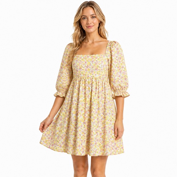 Storia Dresses & Skirts - Storia Yellow Floral Puff Sleeve Babydoll Mini Dress M Square Neck Cottagecore